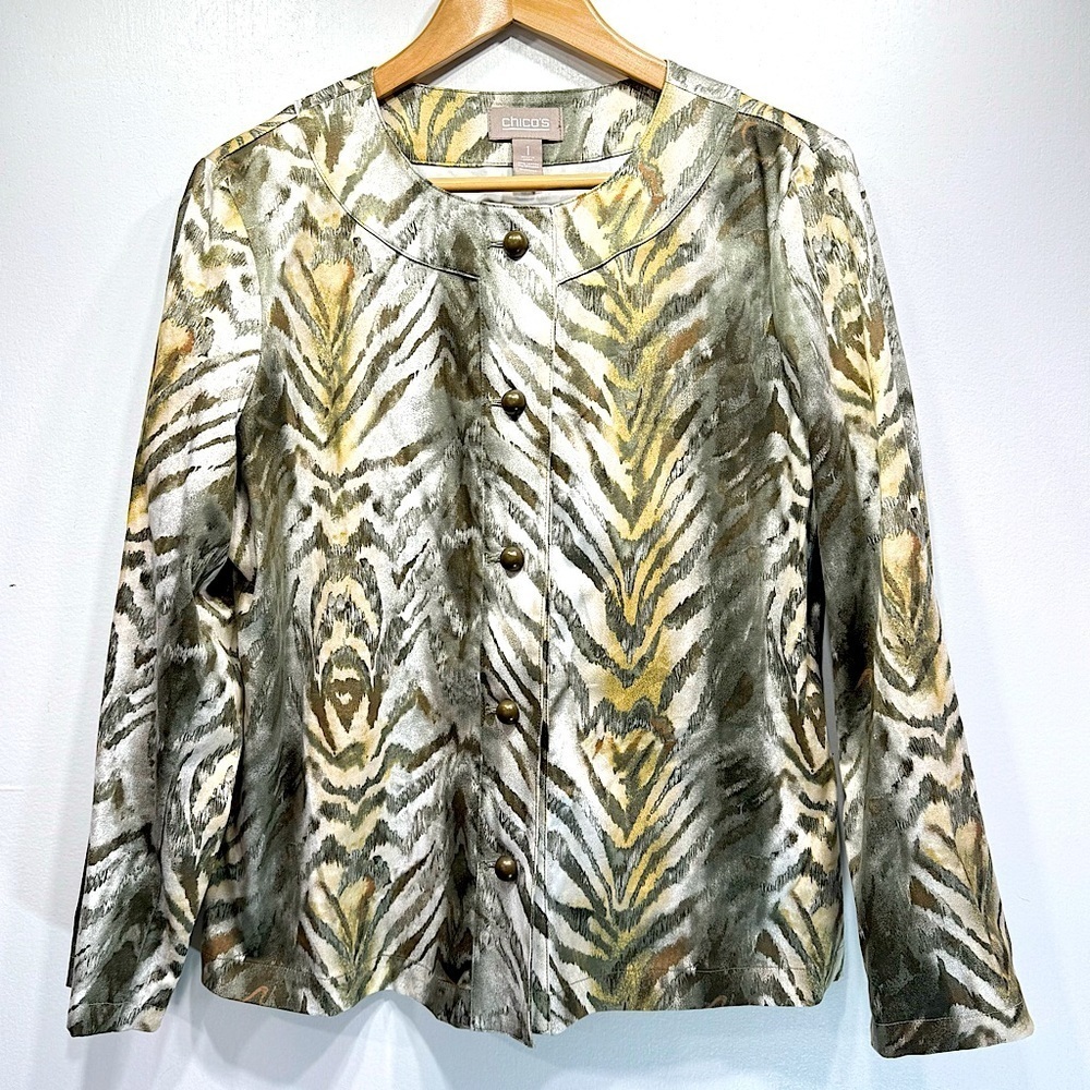 Chico’s Olive Gold Bronze & Ivory Animal Striped Button Front Jacket Size 1/M